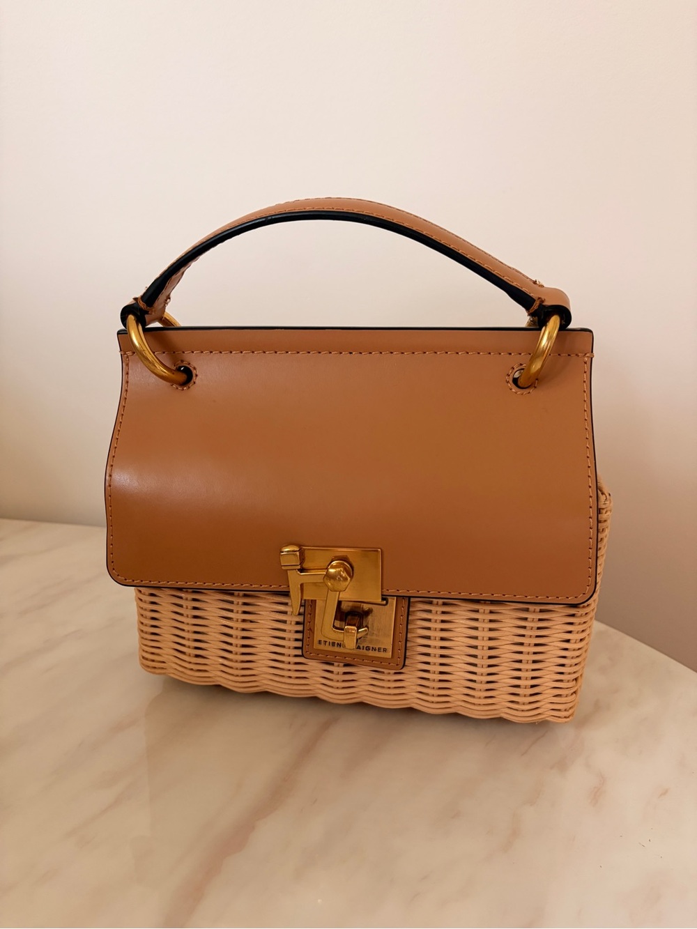 Etienne Aigner Wicker Handbag with Tan Leather Flap and Gold Hardware - Picture 2 of 7